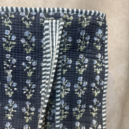 Hand Block Printed Quilted Cotton Tote - Midnight Garden