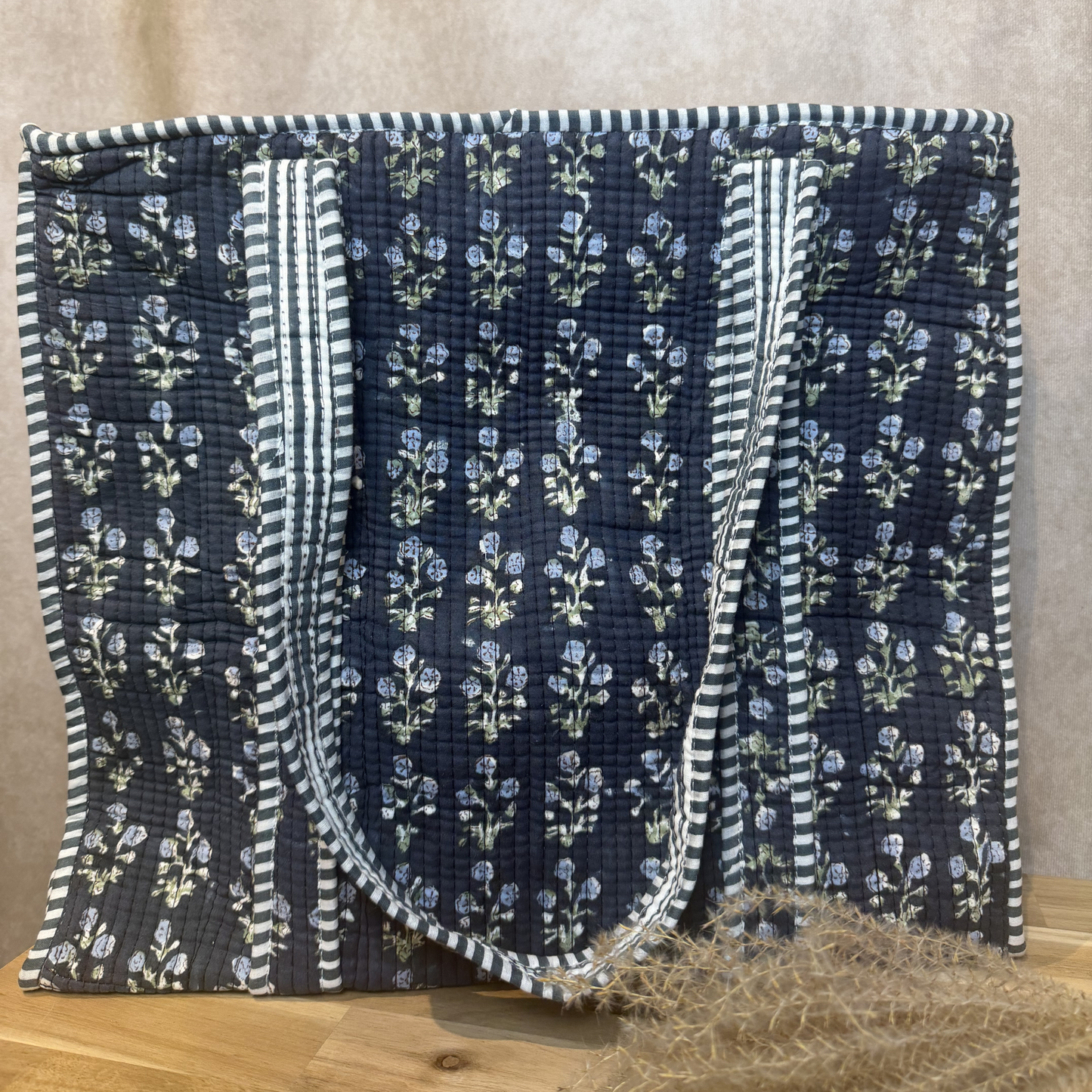 Hand Block Printed Quilted Cotton Tote - Midnight Garden