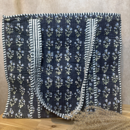 Hand Block Printed Quilted Cotton Tote - Midnight Garden