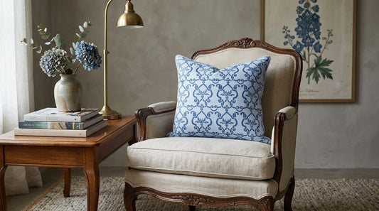 Iris - Hand Block Printed Linen Pillow Cover (Blue)