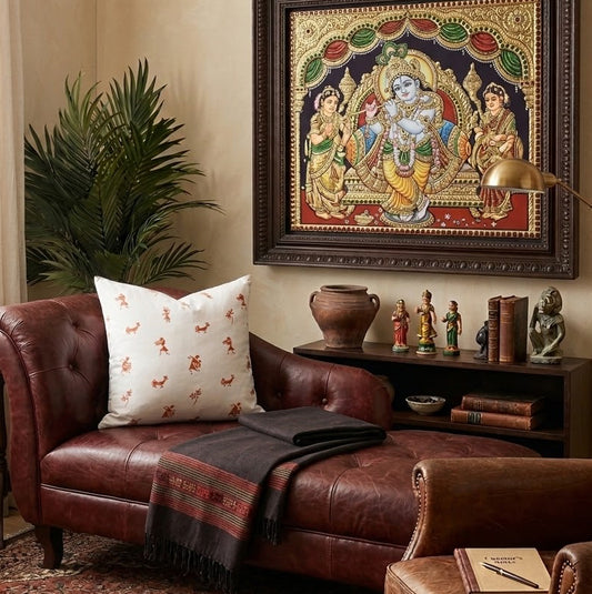 Warli - Hand Printed Linen Pillow Cover (Terracotta)