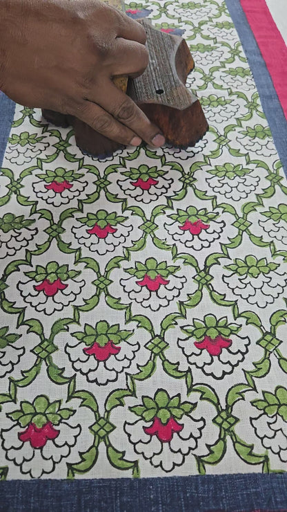 Khaab - Hand Block Printed Linen Table Runner (Blue, Green and Pink)