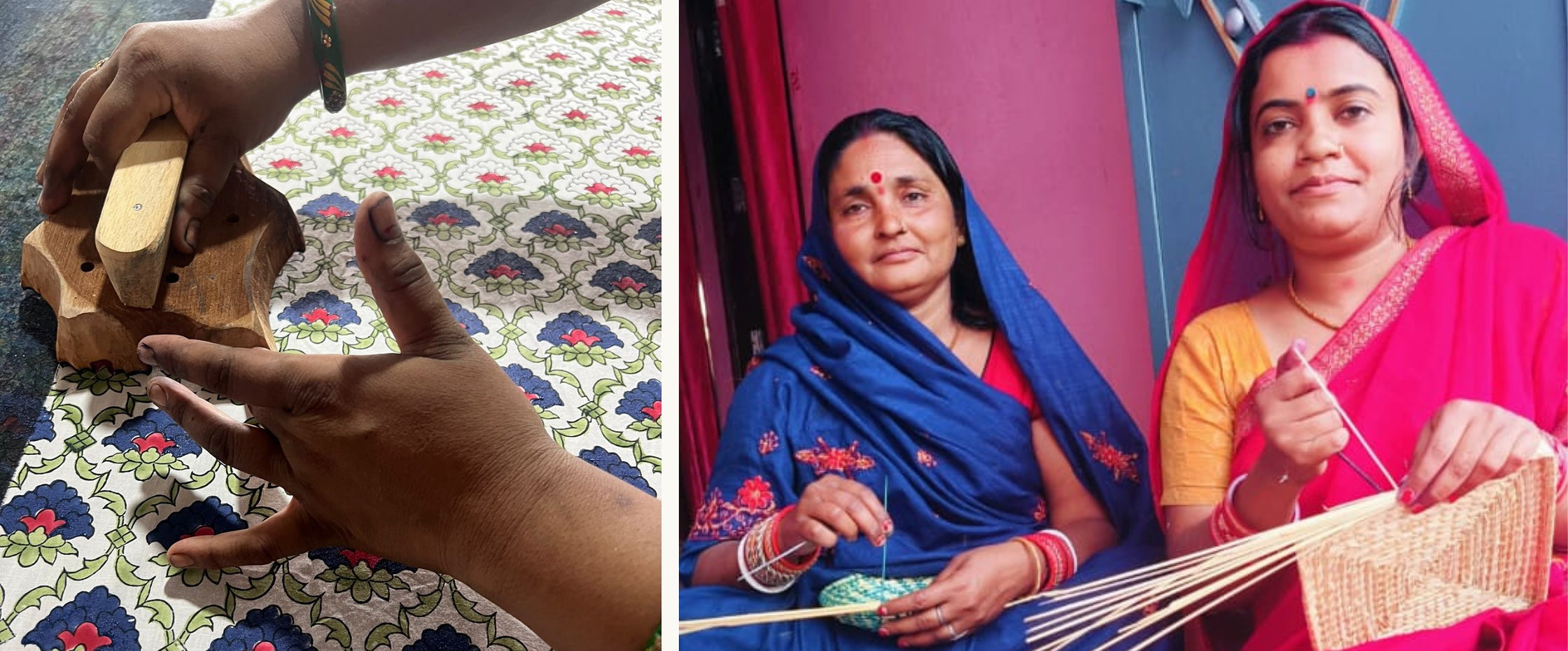 Indian artisans practicing block printing and Sikki grass craft